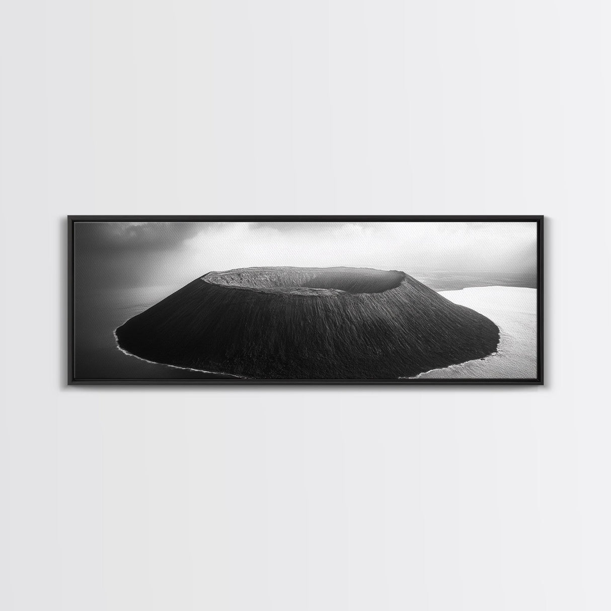 Island Volcano, Crater View, Aerial Landscape, Coastal Photography, Canvas Print, Nature Wall Decor, Bedroom Art, Monochrome Landscape
