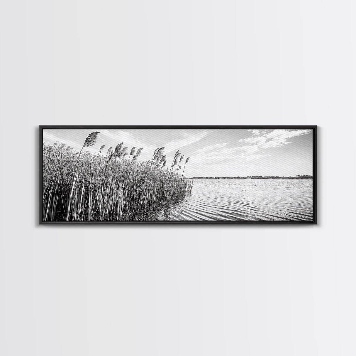 Windy Reeds, Lakeside Breeze, Natural Grass Art, Monochrome Landscape, Canvas Print, Boho Living Room Decor, Botanical Minimalist Wall Art
