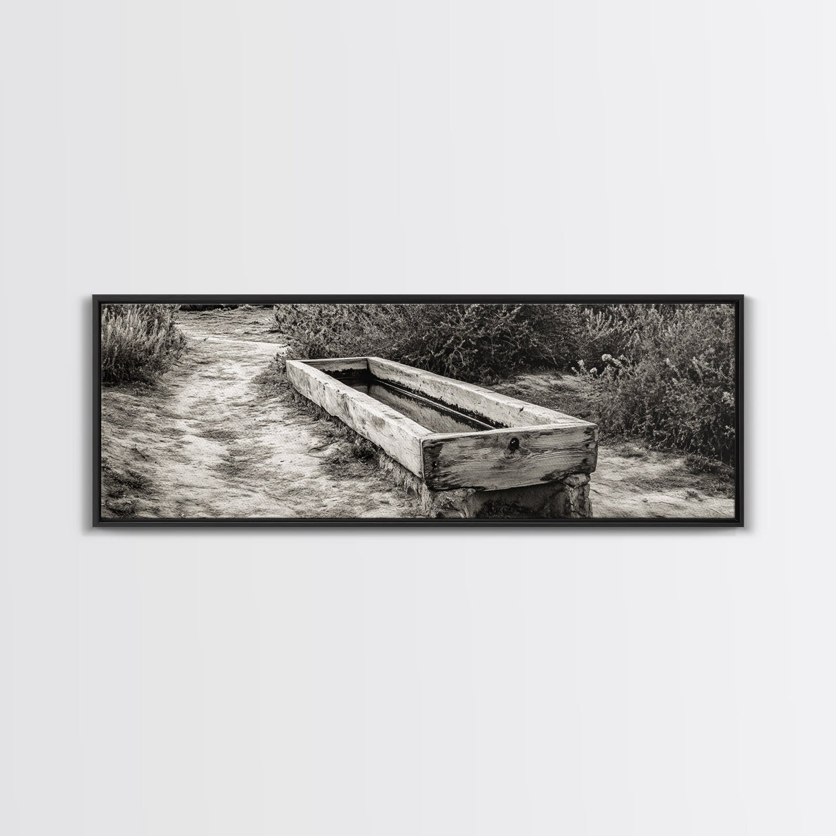 Rustic Water Trough, Nature Trail, Western Desert Scene, Framed Canvas Print, Country Farmhouse Decor, Minimalist Entryway Wall Art