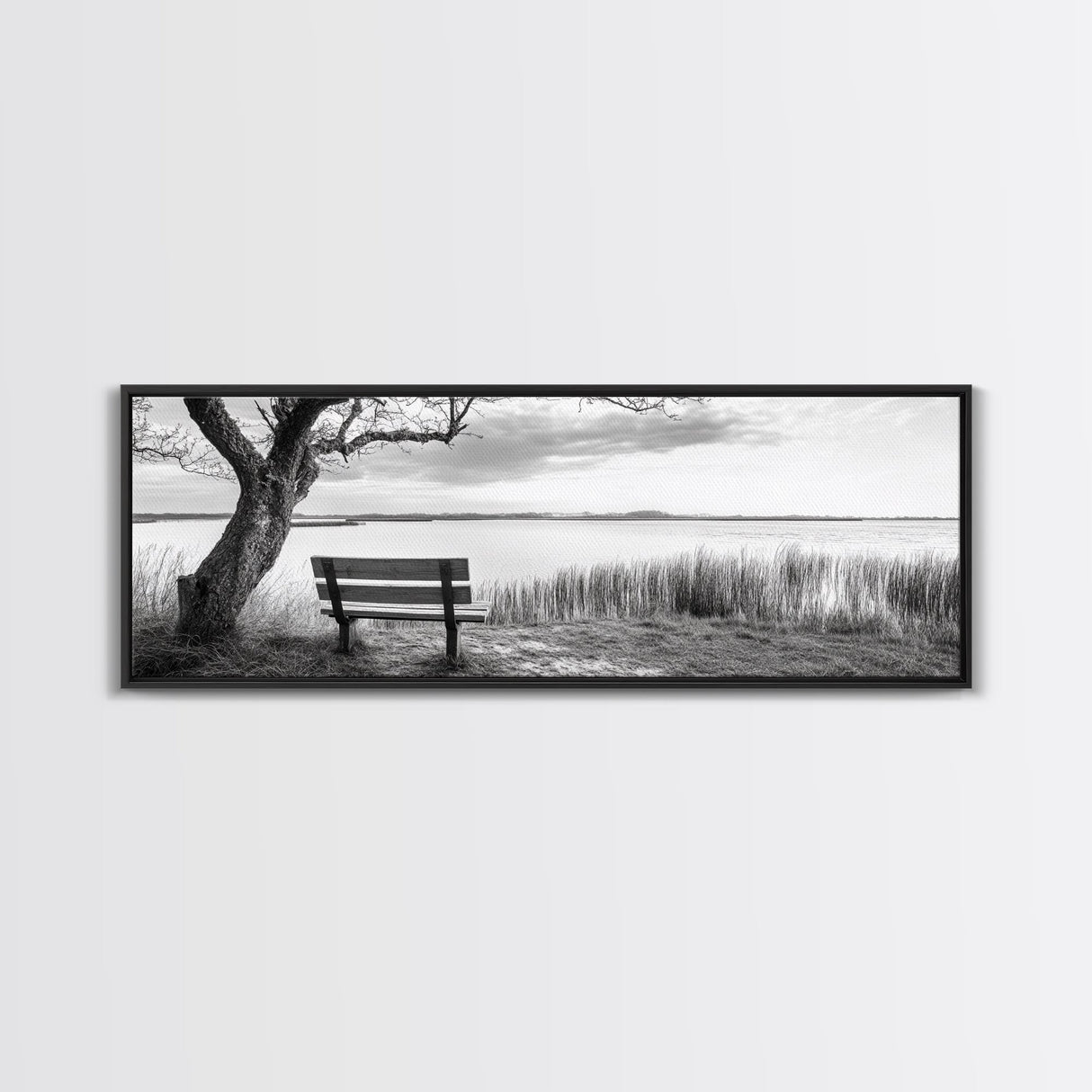 Quiet Lake Bench, Peaceful Reflection, Nature Photography, Framed Canvas Print, Serene Bedroom Decor, Minimalist Living Room Wall Art
