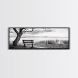 Quiet Lake Bench, Peaceful Reflection, Nature Photography, Framed Canvas Print, Serene Bedroom Decor, Minimalist Living Room Wall Art