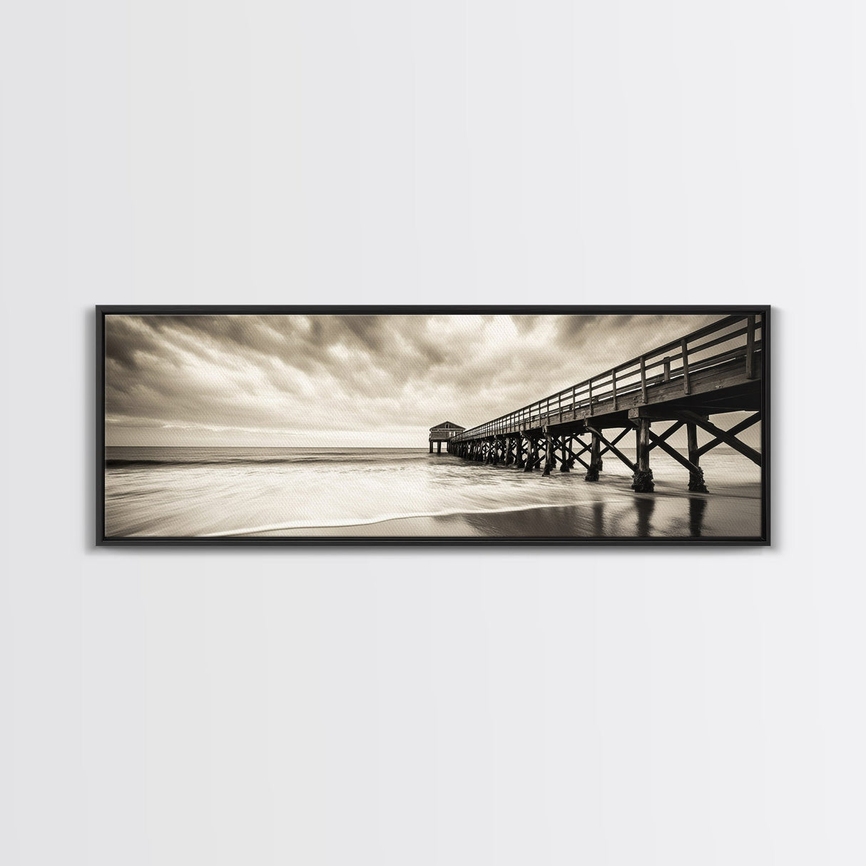 Pier at Dusk, Ocean Boardwalk, Stormy Beach Horizon, Framed Canvas Print, Moody Coastal Wall Art, Nautical Living Room Decor