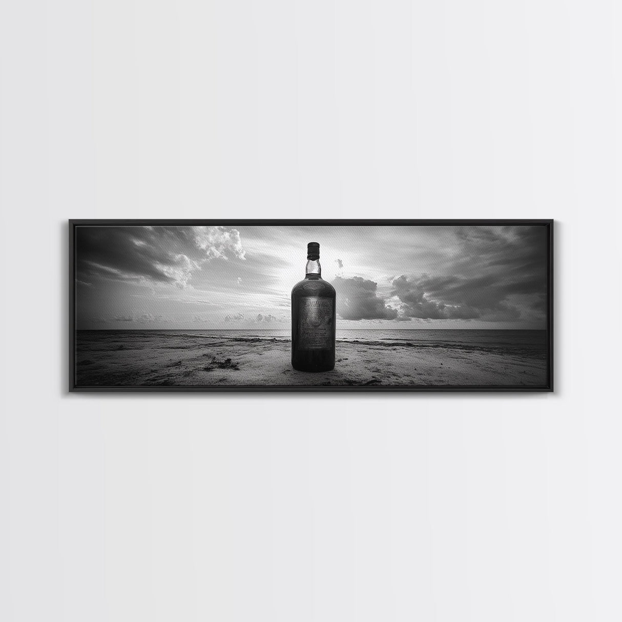 Whiskey on Beach, Bottle Seascape, Moody Coastal Still Life, Canvas Print, Masculine Bar Wall Art, Rustic Living Room Accent Piece