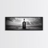 Whiskey on Beach, Bottle Seascape, Moody Coastal Still Life, Canvas Print, Masculine Bar Wall Art, Rustic Living Room Accent Piece