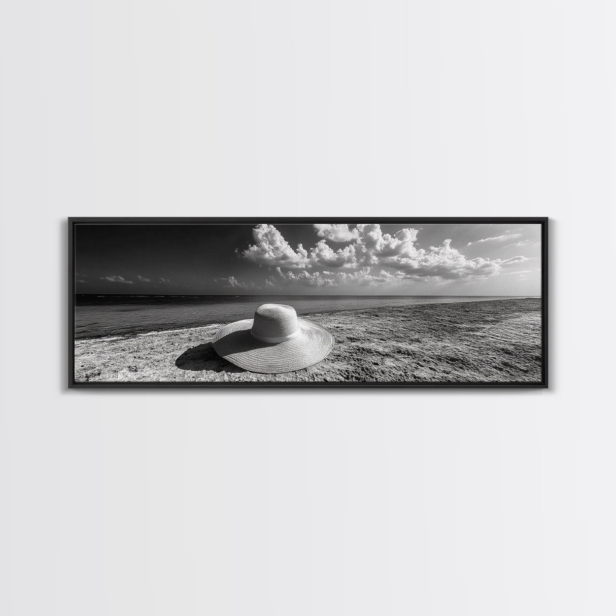 Beach Hat Scene, Coastal Escape, Sunny Seaside Moment, Framed Canvas Print, Modern Boho Bedroom Art, Summer Inspired Wall Decor