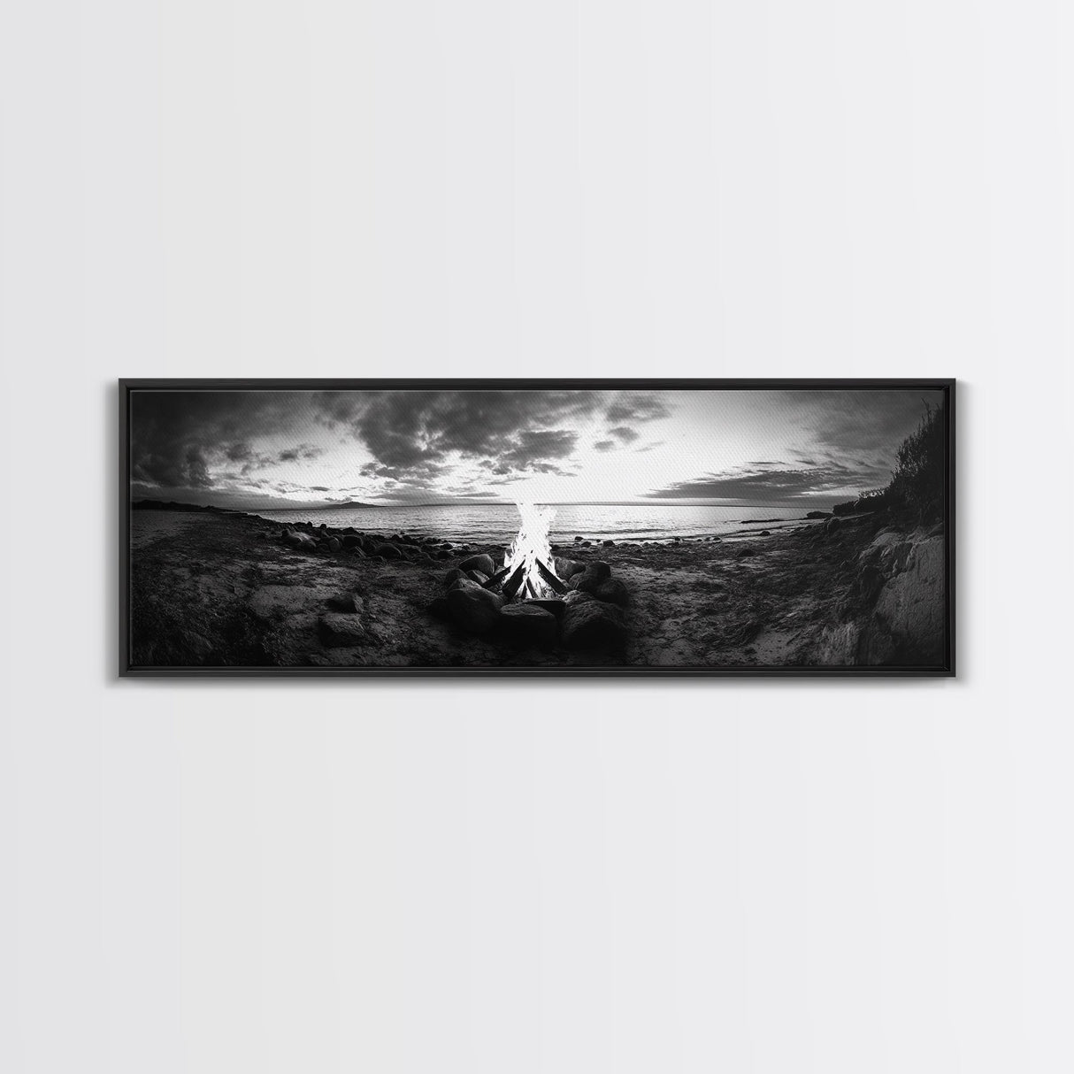 Seaside Fire, Coastal Camp, Black White, Night Shore, Framed Canvas Print, Fall decor, rustic outdoor art, cozy cabin wall art, man cave