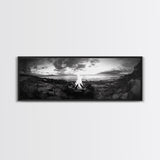 Seaside Fire, Coastal Camp, Black White, Night Shore, Framed Canvas Print, Fall decor, rustic outdoor art, cozy cabin wall art, man cave