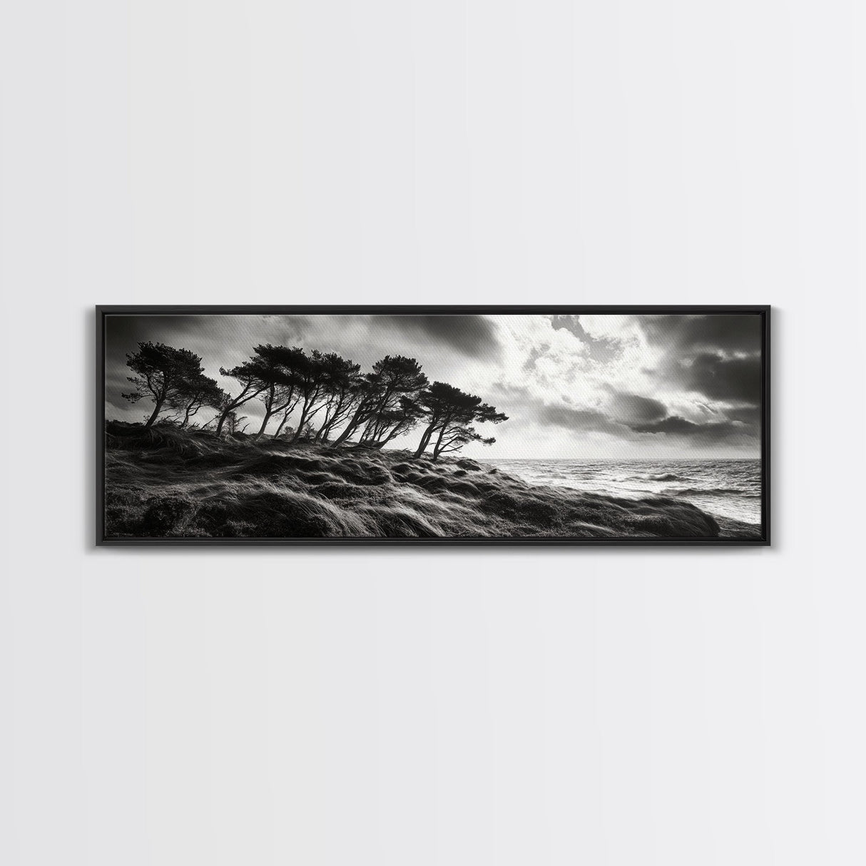 Windswept Pines, Stormy Sea, Moody Coastal Scene, Framed Canvas Print, Rustic Nature Decor, Bedroom Wall Art, Autumn Vibes