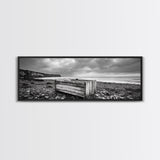 Rocky Beach, Driftwood Crate, Stormy Sky Seascape, Framed Canvas Print, Coastal Rustic Decor, Bathroom Wall Art, Monochrome Style