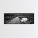 Water Lily, Peaceful Pond, Wooden Dock, Framed Canvas Print, Zen Wall Art, Meditation Room Decor, Black and White Nature Art