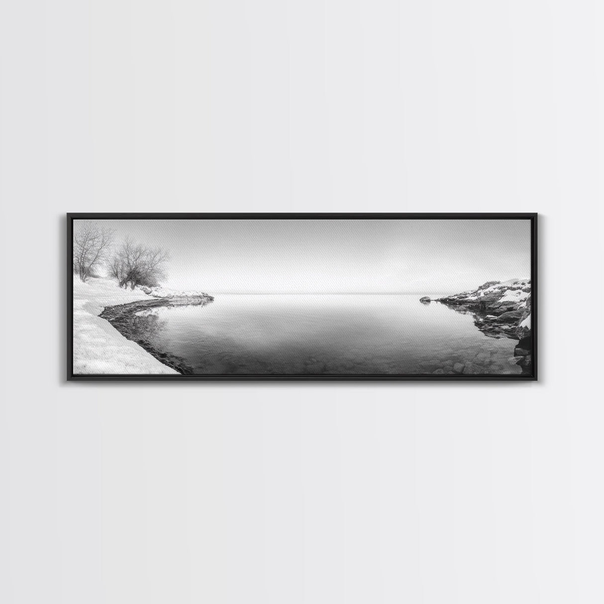 Winter Lake Reflection, Minimal Snow Scene, Bare Trees, Serene Water, Framed Canvas Print, Nordic Minimalist Art, Bedroom Wall Decor