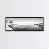 Winter Lake Reflection, Minimal Snow Scene, Bare Trees, Serene Water, Framed Canvas Print, Nordic Minimalist Art, Bedroom Wall Decor