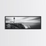 Lighthouse Serenity, Coastal Fog, Ocean Horizon, Canvas Print, Black and White Decor, Office Wall Art, Nautical Theme, Moody Photography