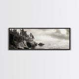 Windy Pines, Rocky Shoreline, Ocean Wilderness, Canvas Print, Vintage Nature Photography, Hallway Wall Art, Outdoor Adventure Vibe