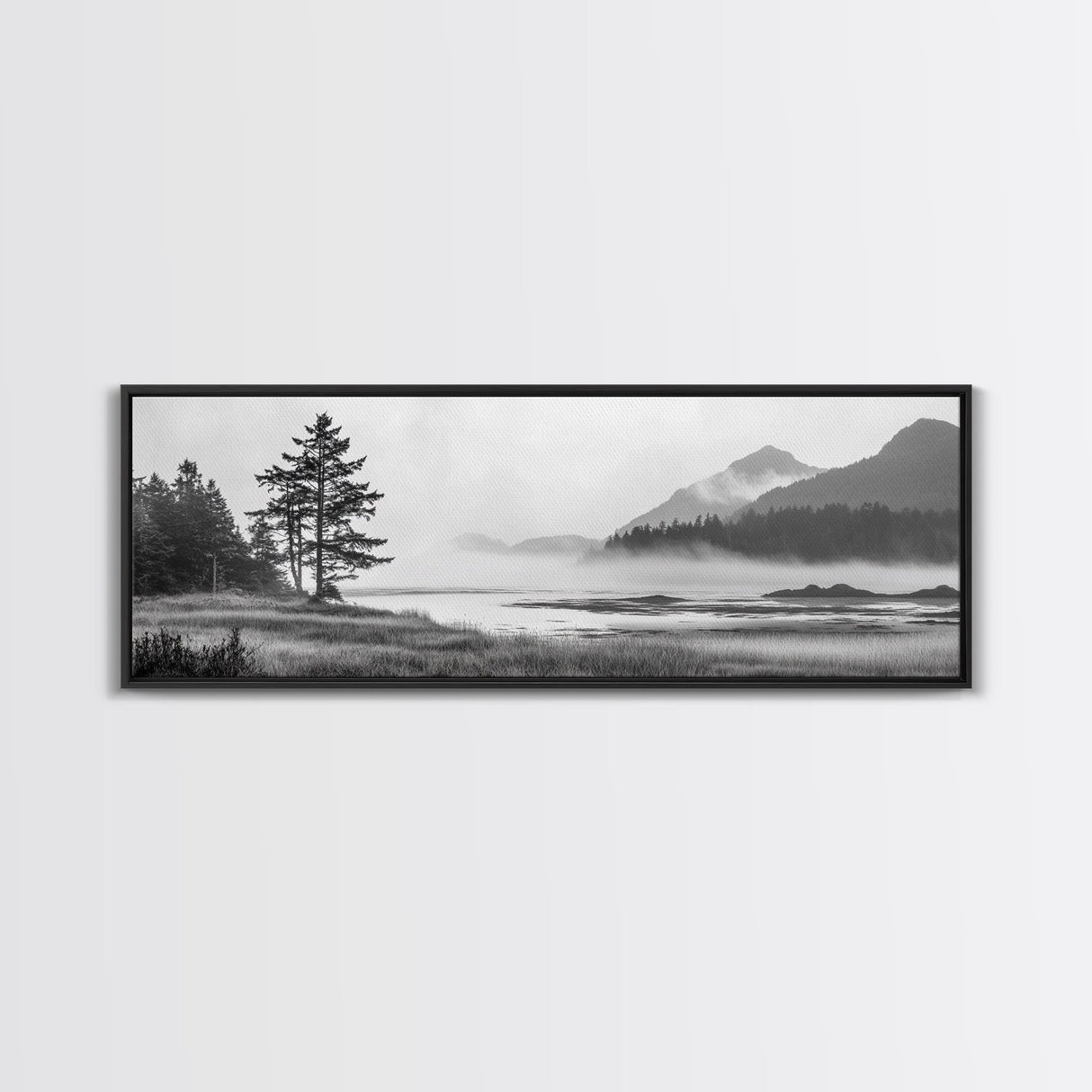 Foggy River Valley, Evergreen Mountains, Morning Mist Landscape, Framed Canvas Print, Tranquil Bedroom Art, Nature Inspired Decor