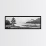 Foggy River Valley, Evergreen Mountains, Morning Mist Landscape, Framed Canvas Print, Tranquil Bedroom Art, Nature Inspired Decor