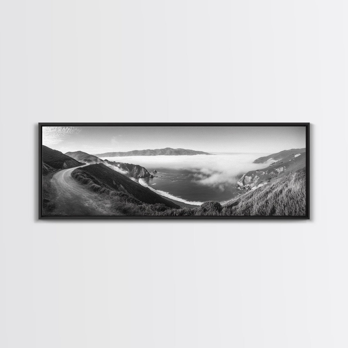 Mountain Road, Foggy Ocean View, Cliffside Drive, Framed Canvas Print, Scenic Wall Decor, Travel Photography, Modern Minimalist Art