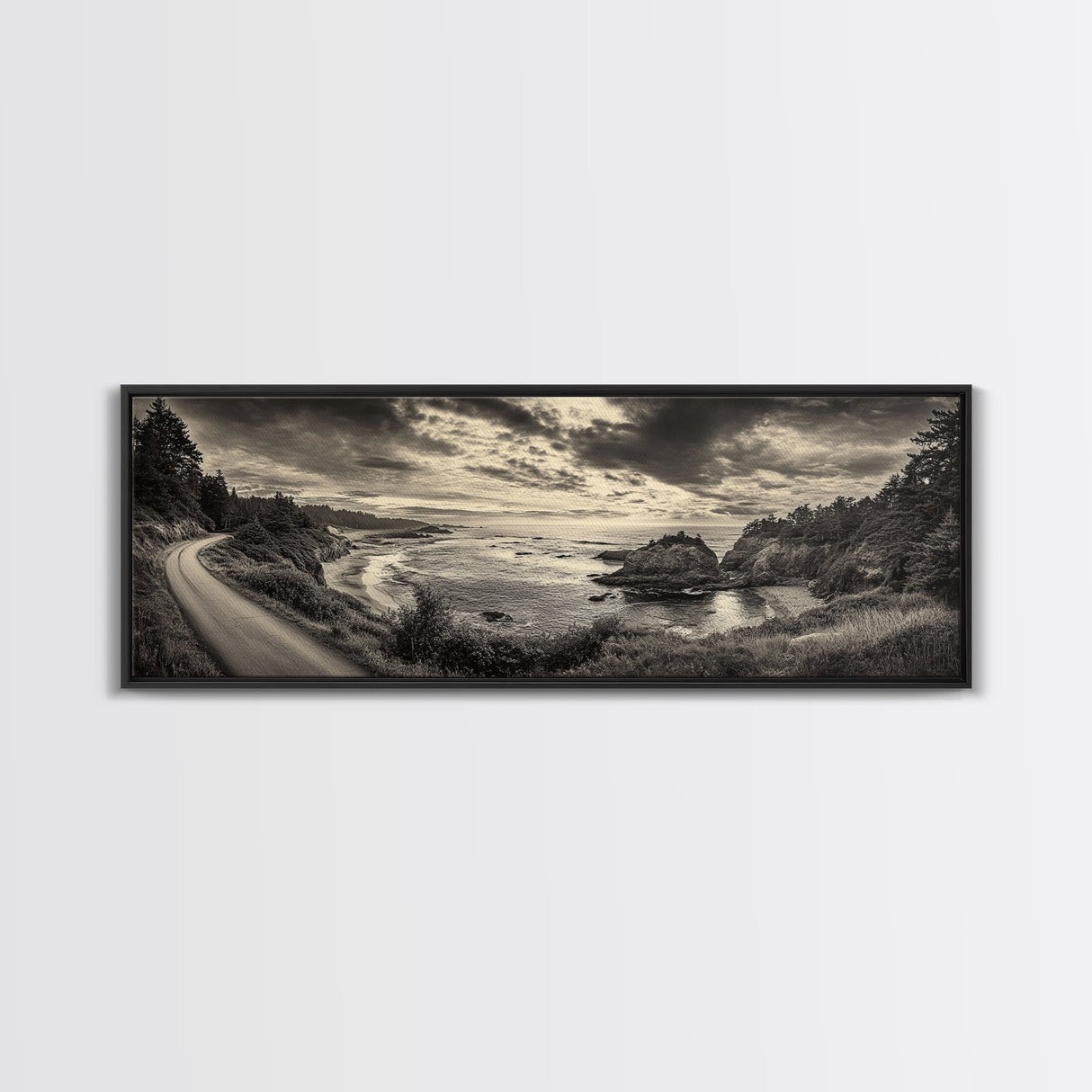 Coastal Road, Ocean Sunset, Rocky Shoreline, Framed Canvas Print, Moody Landscape Photography, Living Room Wall Art, Rustic Nature Decor
