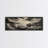 Coastal Road, Ocean Sunset, Rocky Shoreline, Framed Canvas Print, Moody Landscape Photography, Living Room Wall Art, Rustic Nature Decor