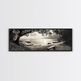Serene Bench, Ocean View, Tropical Shoreline, Framed Canvas Print, Tranquil Beach Art, Entryway Decor, Nature Photography Wall Art