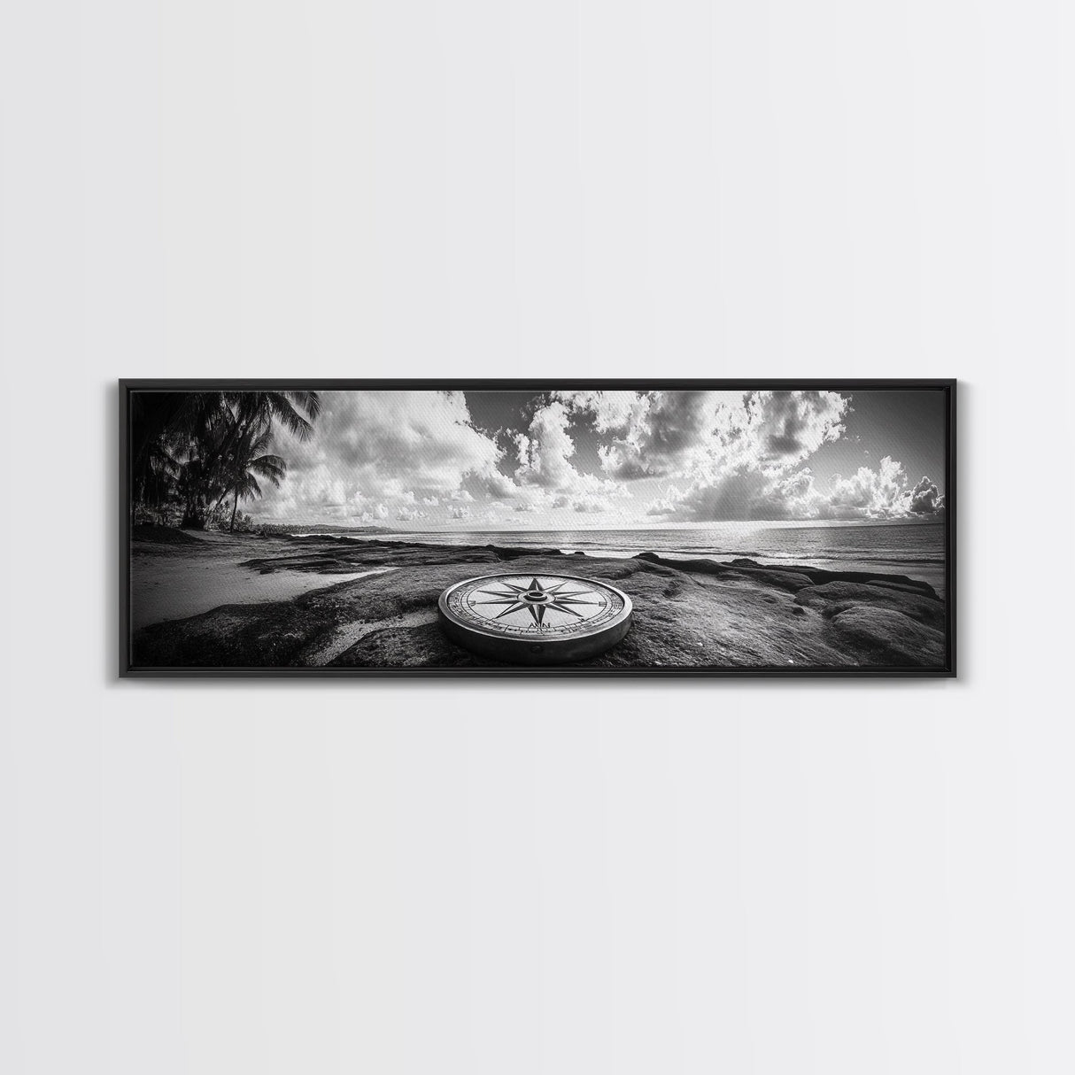 Compass Rose, Ocean Horizon, Palm Trees, Canvas Print, Nautical Beach Art, Boho Living Room Wall Art, Black and White Coastal Decor
