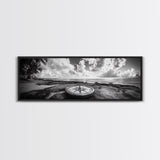Compass Rose, Ocean Horizon, Palm Trees, Canvas Print, Nautical Beach Art, Boho Living Room Wall Art, Black and White Coastal Decor