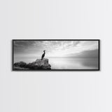 Solitary Bird, Ocean Rock, Minimalist Seascape, Canvas Print, Peaceful Wall Art, Zen Decor, Black and White Living Room Accent