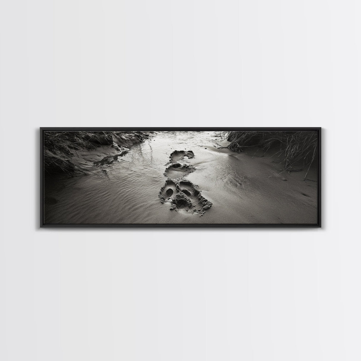 Footprints in Sand, Nature Pathway, Tranquil Stream, Framed Canvas Print, Mindful Journey Art, Rustic Entryway Wall Photography