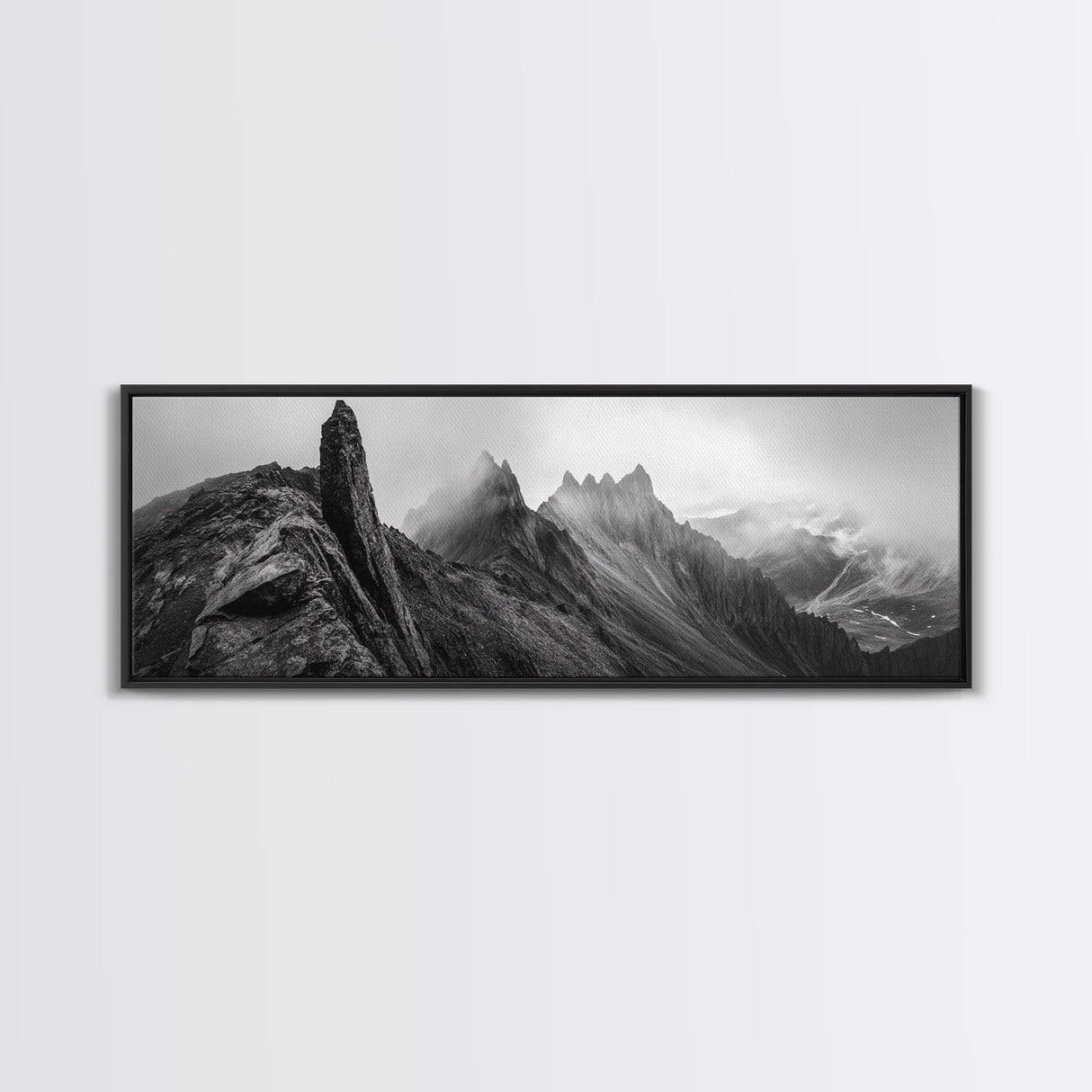 Jagged Peaks, Foggy Mountains, Dramatic Range, Canvas Print, Monochrome Wilderness Art, Office or Cabin Wall Decor, Adventure Style