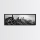 Jagged Peaks, Foggy Mountains, Dramatic Range, Canvas Print, Monochrome Wilderness Art, Office or Cabin Wall Decor, Adventure Style