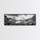 Rocky Lake, Wilderness Reflection, Mountain Calm, Framed Canvas Print, Cabin Nature Wall Art, Rustic Home Decor, Adventure Photography
