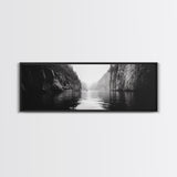 Misty Canyon, River Passage, Tranquil Adventure, Canvas Print, Nature Escape Wall Art, Zen Office Decor, Moody Black and White Style