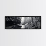 Misty River, Tranquil Forest, Autumn Nature, Monochrome Photography, Framed Canvas Print, Bedroom Wall Art, Rustic Decor, Minimalist Style