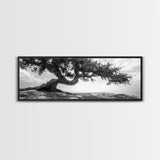 Bending Tree, Windswept Landscape, Coastal Nature, Monochrome Art, Framed Canvas Print, Zen Wall Art, Minimalist Living Room Decor