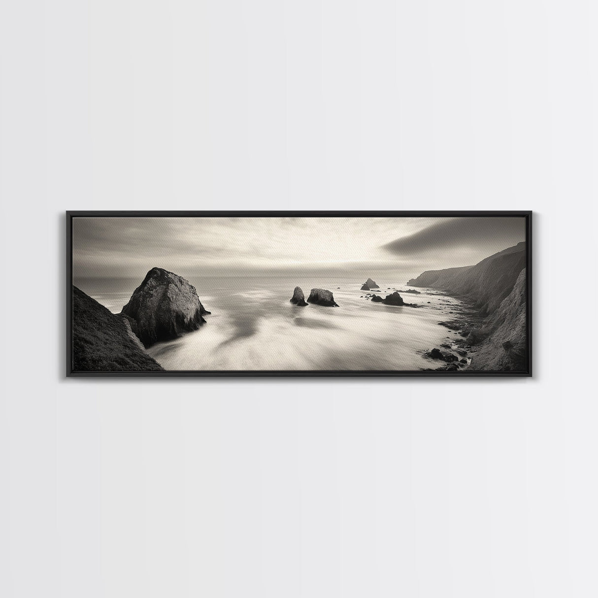 Rocky Coastline, Ocean Cliffs, Soft Waves, Long Exposure Landscape, Framed Canvas Print, Nautical Wall Art, Calm Living Room Decor