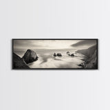 Rocky Coastline, Ocean Cliffs, Soft Waves, Long Exposure Landscape, Framed Canvas Print, Nautical Wall Art, Calm Living Room Decor