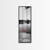 Swing Over Lake, Still Waters, Childhood Memories, Tranquil View – Canvas Print, Minimalist Wall Art, Kids Room Decor, Serene Black and White