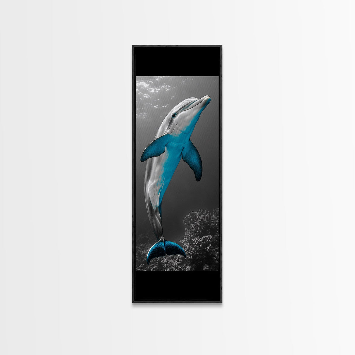 Blue Dolphin, Ocean Glow, Underwater Life, Sea Creature – Framed Canvas Print, Bathroom Wall Art, Coastal Decor, Marine Animal Art