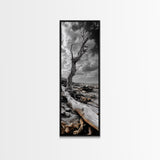Weathered Tree, Coastal Roots, Dramatic Sky, Natural Form – Canvas Print, Living Room Wall Art, Monochrome Photography, Driftwood Decor