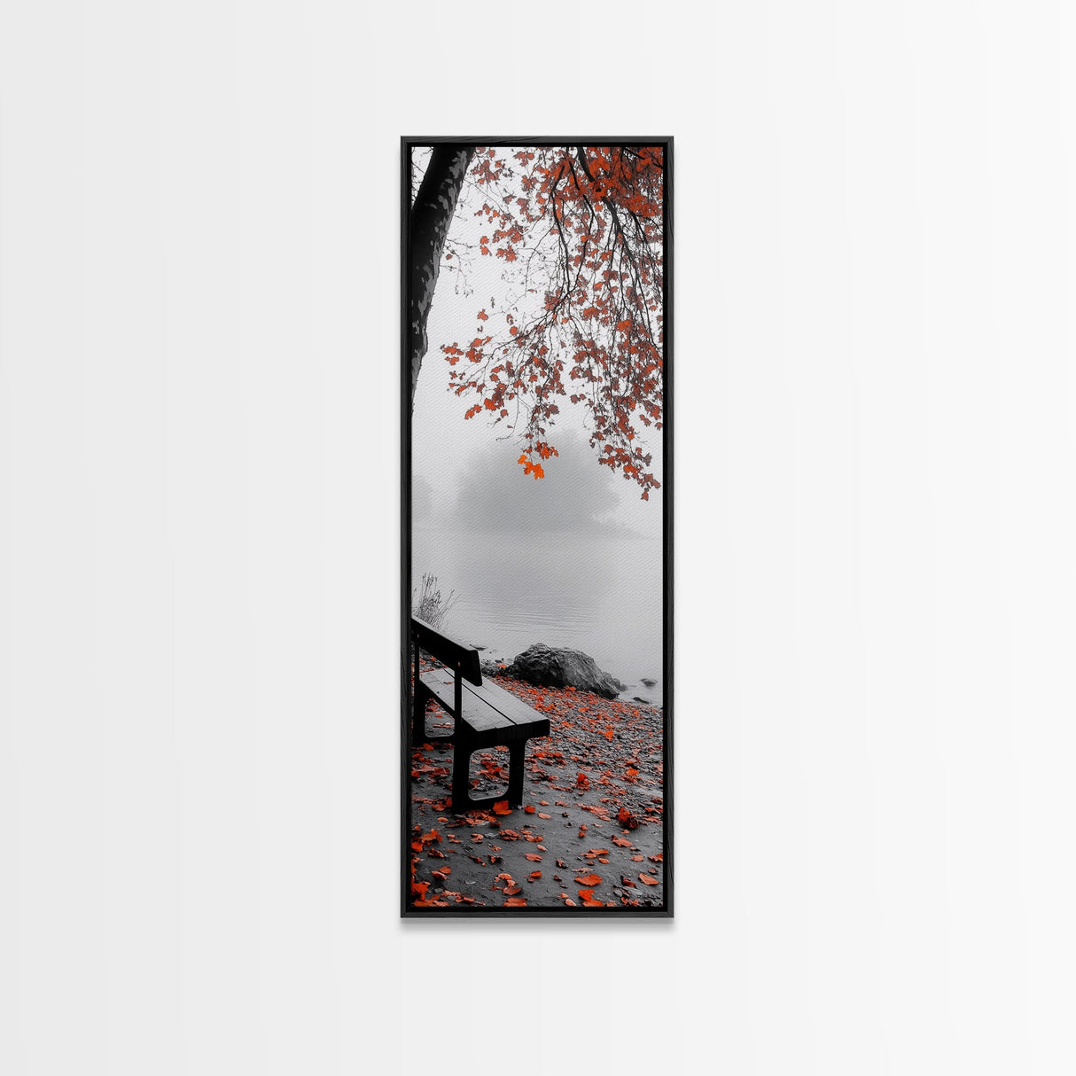 Autumn Leaves, Lakeside Bench, Quiet Moments, Foggy Morning, Framed Canvas Print, Cozy Fall Wall Art, Tranquil Living Room Decor