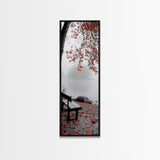 Autumn Leaves, Lakeside Bench, Quiet Moments, Foggy Morning, Framed Canvas Print, Cozy Fall Wall Art, Tranquil Living Room Decor