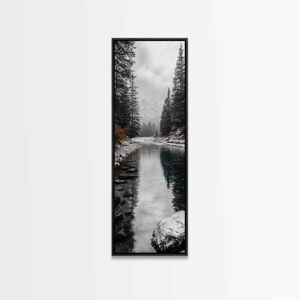 Mountain River, Forest Reflections, Nature Tranquility, Winter Pines, Canvas Print, Serene Landscape Wall Art, Bedroom Cabin Decor