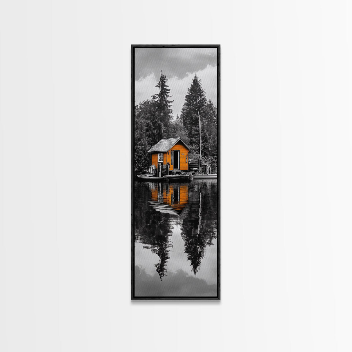 Lake Cabin, Reflection Serenity, Forest Escape, Framed Canvas Print, Nature Wall Art, Rustic Lodge Decor, Cabin Living Room Inspiration