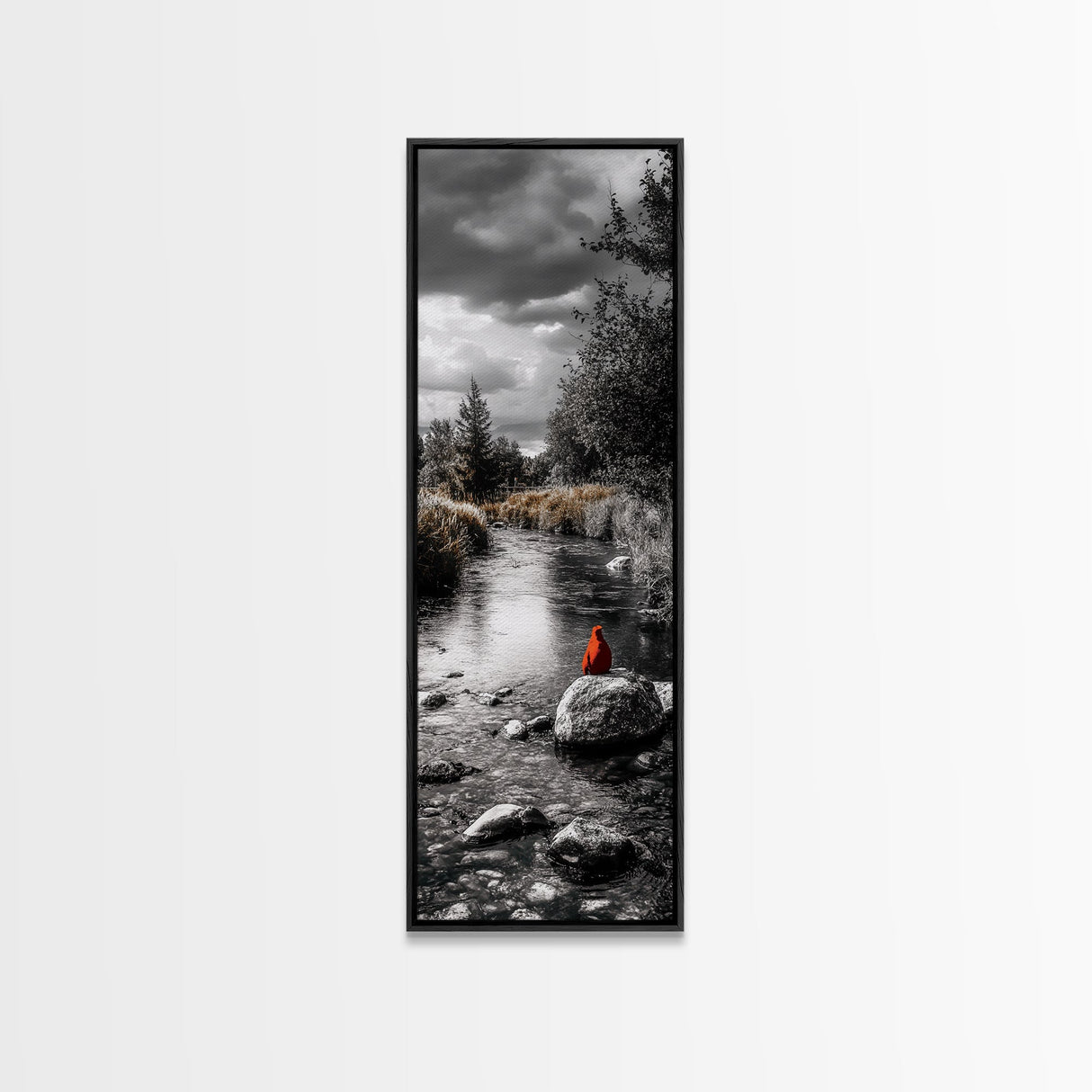 Red Cardinal, River Print, Nature Wildlife Art, Peaceful Landscape, Canvas Print, Rustic Living Room Decor, Autumn Wall Art, Forest Bird