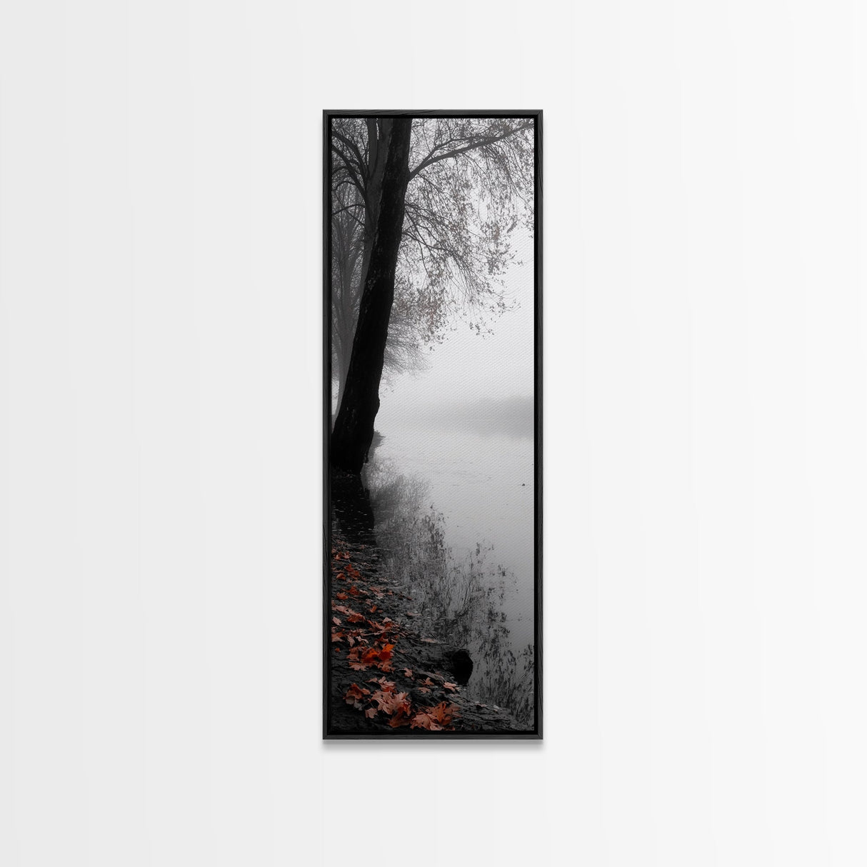 Foggy Shore, Autumn Path, Moody Nature Wall Art, Canvas Print, Fall Leaves, Serene Forest, Bedroom Decor, Woodland Landscape