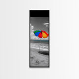 Rainbow Umbrella, Sandy Beach, Summer Sky, Framed Canvas Print, Coastal Bathroom Art, Vibrant Beach Decor, Modern Tropical Style