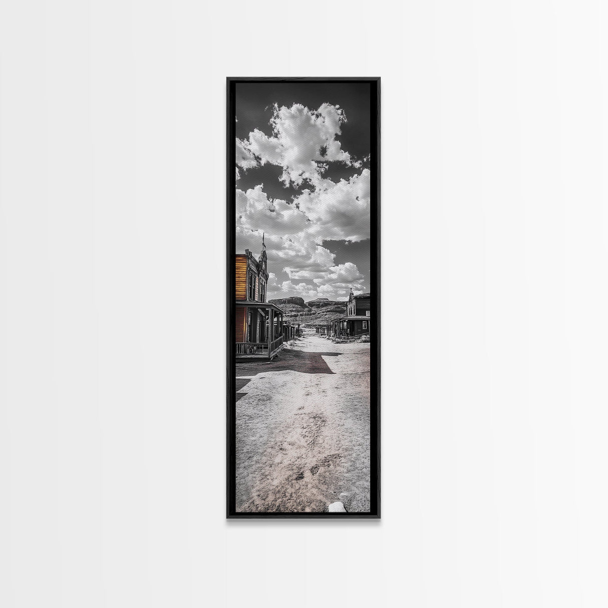 Desert Street, Western Town, Cloudy Skies, Frontier Road, Framed Canvas Print, Rustic Wall Art, Western Style Decor, Saloon Theme