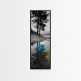 Tree Reflection, Moody Landscape, Nature Serenity, Rainbow Water, Framed Canvas Print, Boho Style, Bedroom Wall Art, Artistic Calm