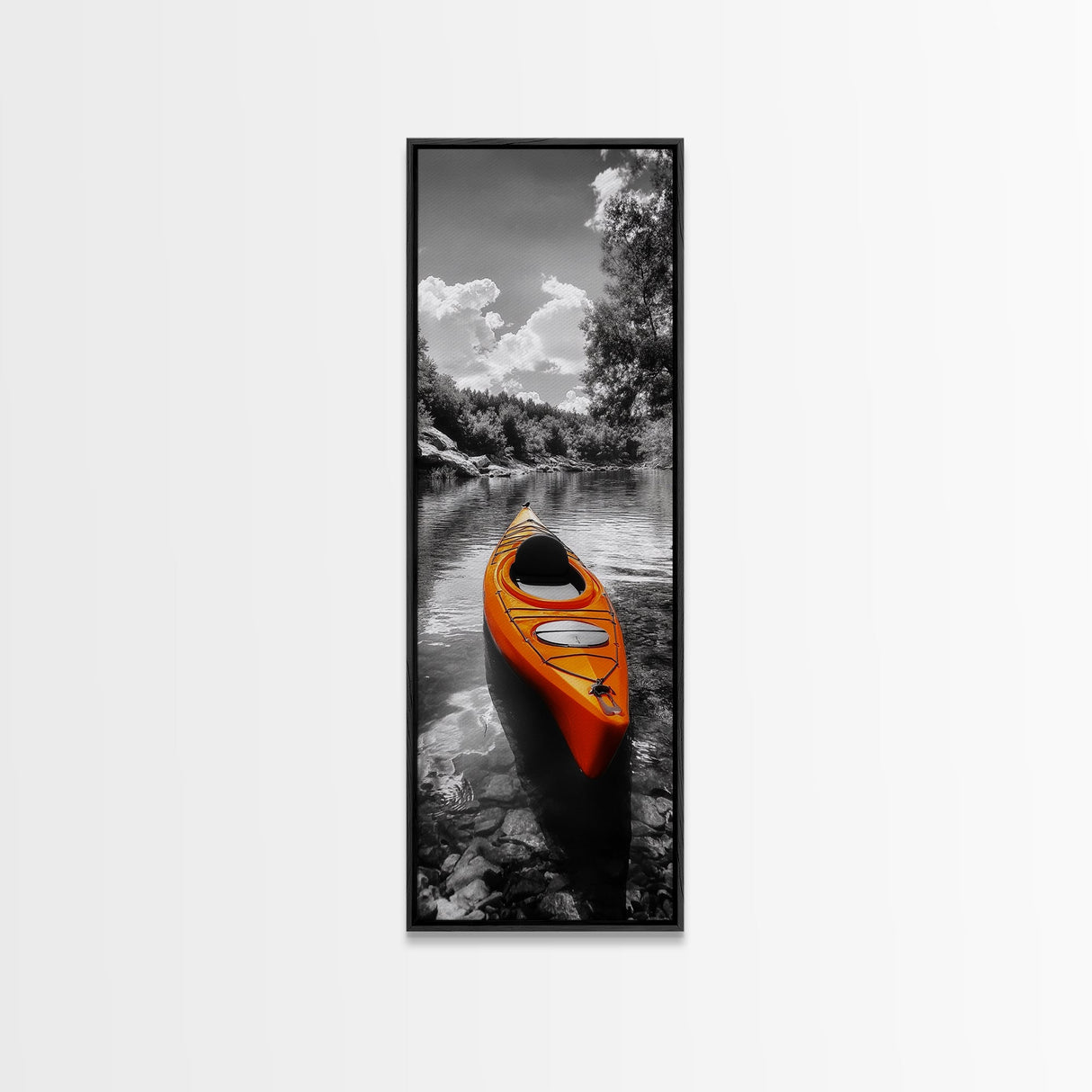 River Kayak Drift, Serene Paddle, Tranquil Outdoors, Fall Waterway, Canvas Print, Rustic Wall Art, Adventure Decor, Nature Photography