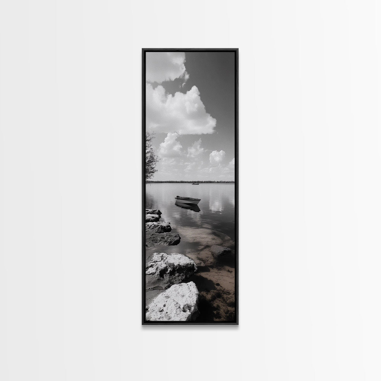 Monochrome Boat Lake, Peaceful Dockside, Still Waters, Minimal Calm, Framed Canvas Print, Bedroom Wall Art, Black White Photography